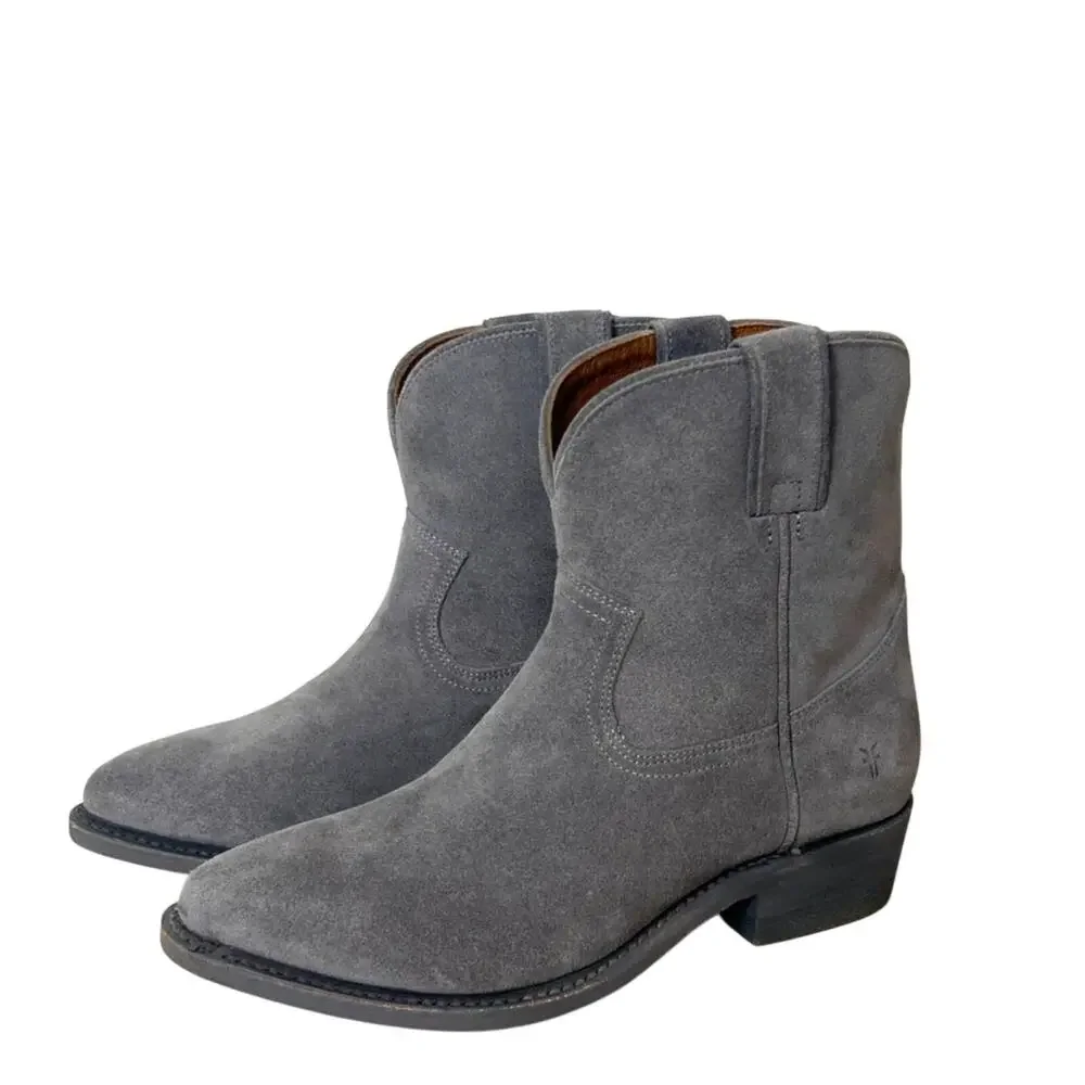 Frye Womens 9 Gray Suede Leather Heeled Pointed Toe Western Ankle Booties NEW